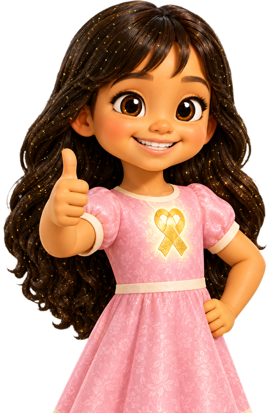 Bere, a cheerful little dreamer with long dark curly hair and a pink dress
