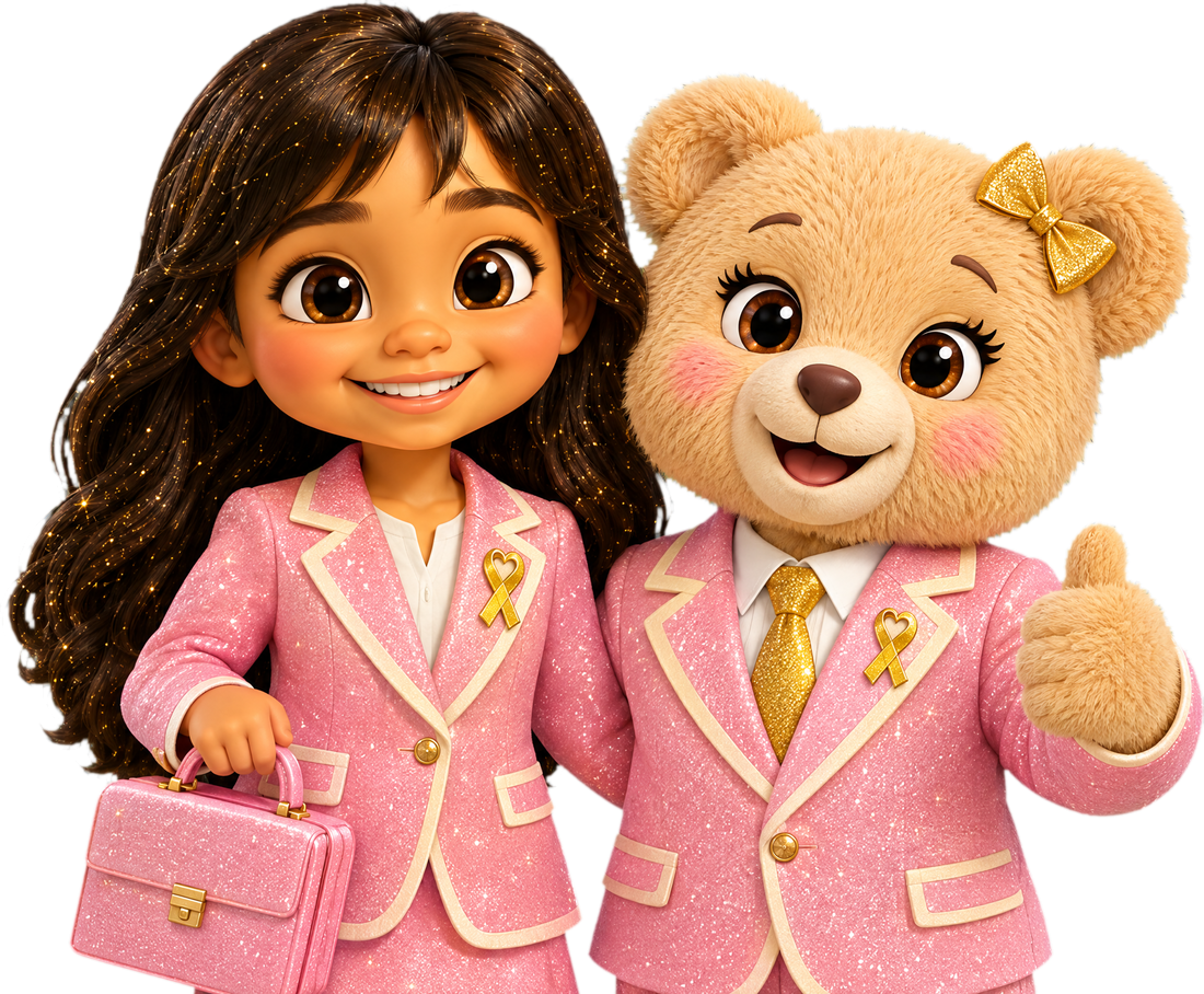 Bere and Stardust dressed as tiny business people with a pink briefcase