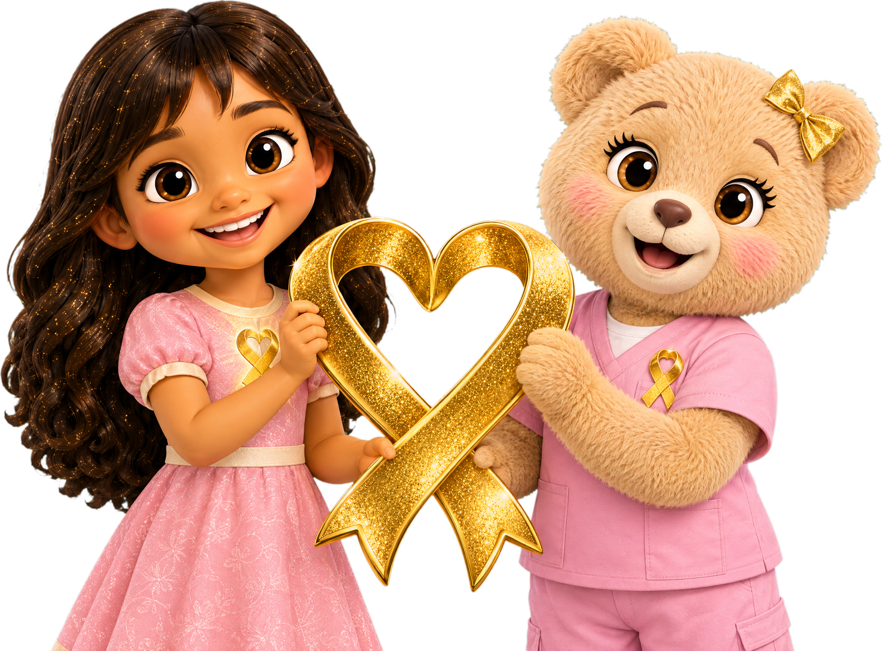 Bere and Stardust proudly holding up the Gold Glitter Dreams gold ribbon heart