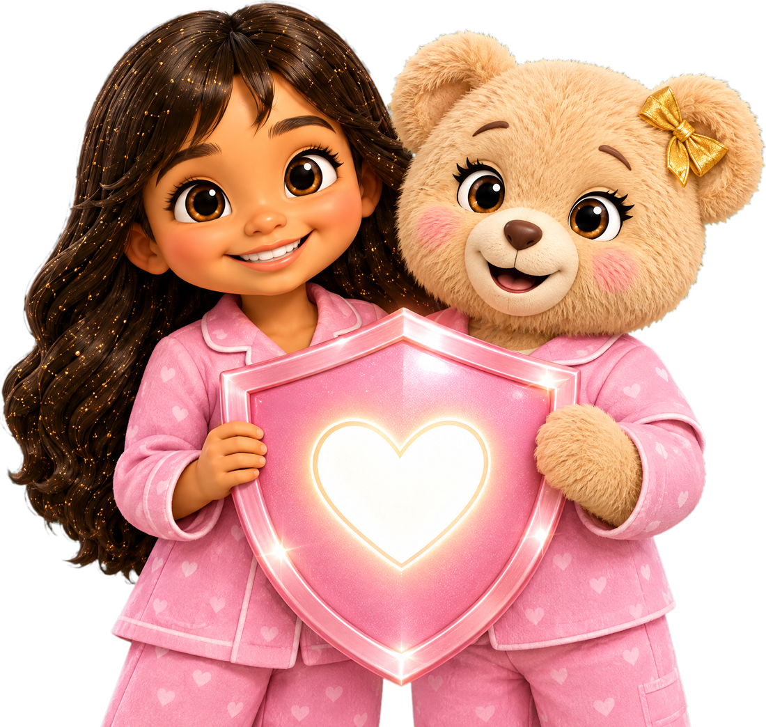 Bere and Stardust in cozy pajamas holding up a pink shield with a heart
