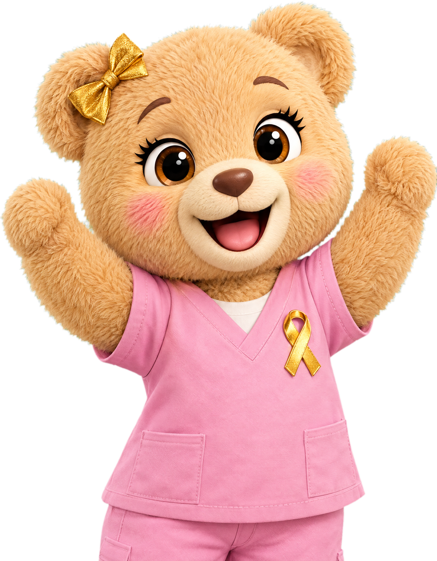 Stardust, a fluffy teddy bear with a gold bow, cheering